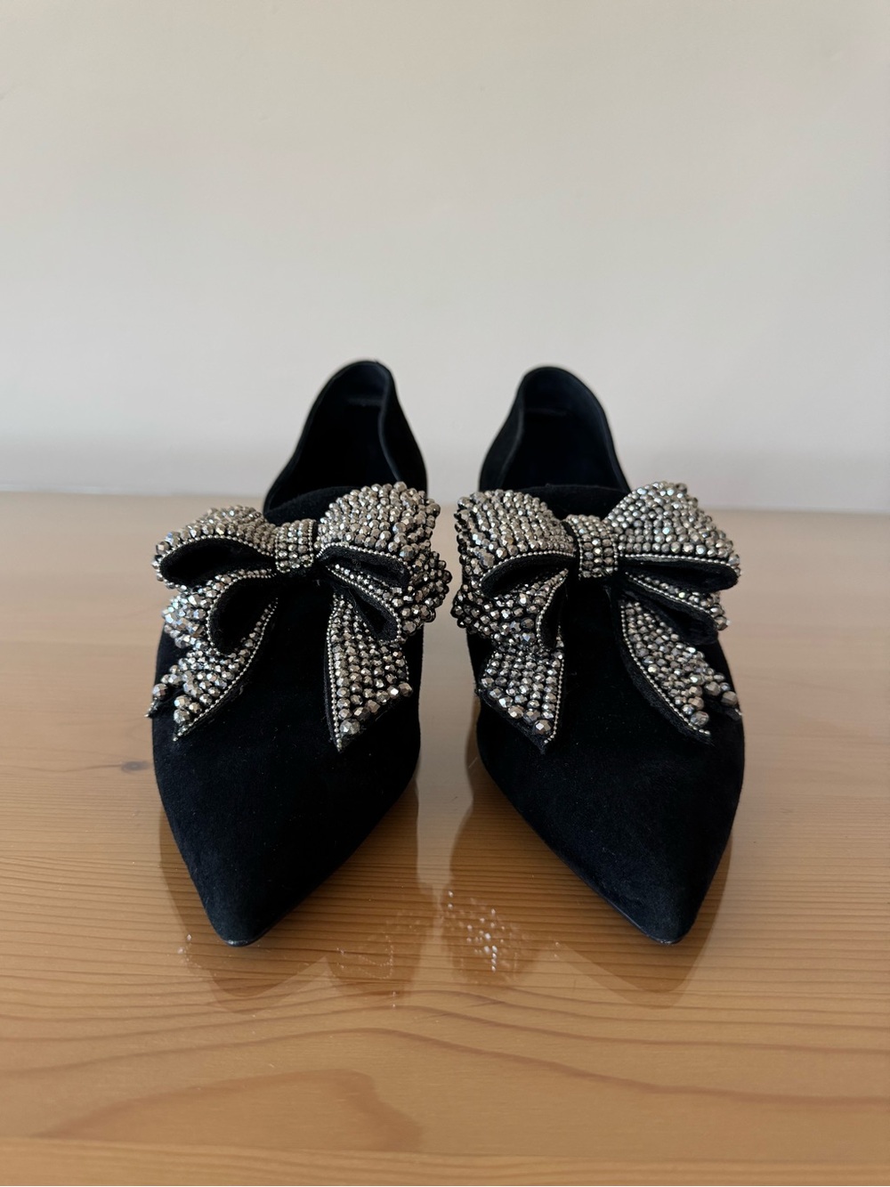 Jeffrey Campbell Valenti Embellished Bow Loafer with heel, black suede, 11